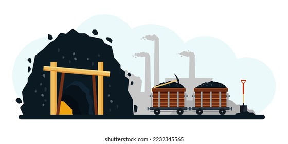 Coal mining industry vector illustration. Fossil fuel soil pile transportation on trolley cart wagon through railway. Charcoal extraction in mine. Black mineral resource industrial manufacturing svg