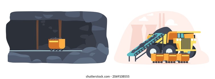 Coal Mining Interior, Quarry with Heavy Industrial Machinery and Transport. Dump Truck Loading Charcoal or Metal Ore at Opencast. Pit, Mine Production, Stone Quarrying. Cartoon Vector Illustration