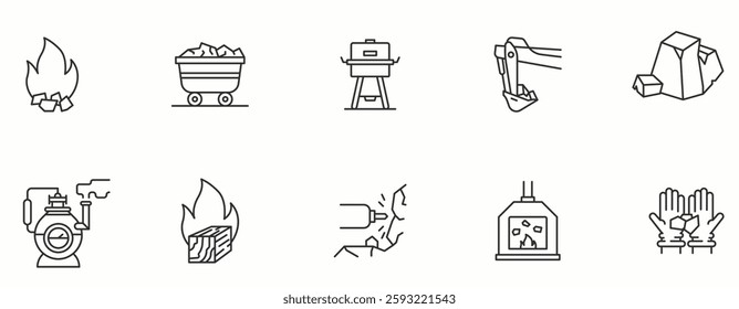 Coal Mining item line Icon Set. Power, black, machinery, mine, work, equipment, nature, power plant . Vector Illustration.