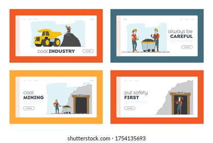 Coal Mining Landing Page Template Set. Miner Characters Work on Quarry with Tools, Transport and Technique. Extraction Industry Technics, Work Equipment for Quarry. Linear People Vector Illustration