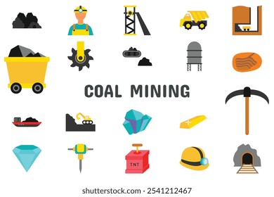 Línea de minería de carbón Glifo Ilustración vectorial Icon Set de pegatinas Materiales de diseño