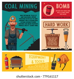 Coal mining. Miner character and tools. Cartoon vector illustration