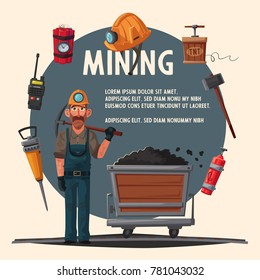 Coal mining. Miner character and tools. Cartoon vector illustration