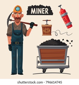 Coal mining. Miner character and tools. Cartoon vector illustration