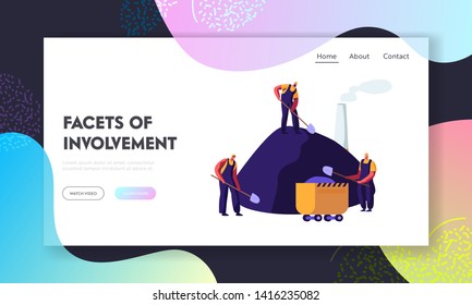 Coal Mining. Miner Characters Work on Quarry Loading Coal into Trolley on Factory Pipes Smoke Background. Extraction Industry Website Landing Page, Web Page. Cartoon Flat Vector Illustration, Banner