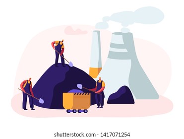 Coal Mining. Miner Characters Work on Quarry with Tools, Transport and Technique Loading Coal into Trolley on Factory Pipes and Smoke Background. Extraction Industry. Cartoon Flat Vector Illustration