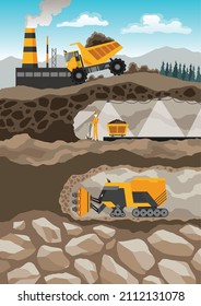 Coal mining. Miners with tools under ground. Industrial equipment and machinery on background in layers of soil. Miner in mine produces breed. Truck carries the rock from the mine to the plant