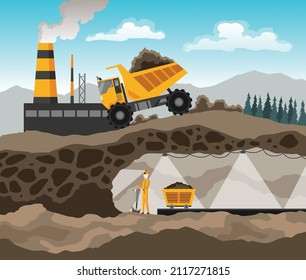 Coal mining. Miners with tools under ground. Industrial equipment and machinery on background in layers of soil. Miner in mine produces breed. Truck carries the rock from the mine to the plant