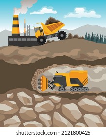 Coal mining. Miners with tools under ground. Industrial equipment and machinery on background in layers of soil. Miner in mine produces breed. Truck carries the rock from the mine to the plant