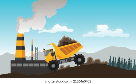 Coal mining. Miners with tools under ground. Industrial equipment and machinery on background in layers of soil. Miner in mine produces breed. Truck carries the rock from the mine to the plant