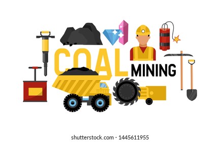 Coal mining operation of transportation on heavy truck vector illustration. In mining valley with coal rocks. Webpage or landing for coalmine industry.