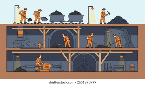 Coal mining operations deep underground laborers extracting resources heavy industry workers busy with extraction work