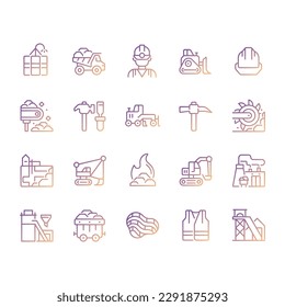 Coal mining pixel perfect gradient linear vector icons set. Personal protective equipment. Heavy industry. Thin line contour symbol designs bundle. Isolated outline illustrations collection