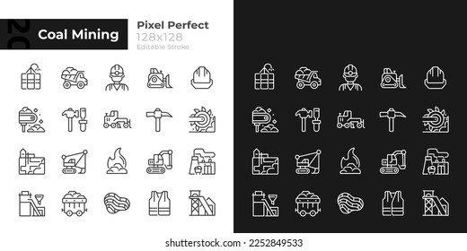Coal mining pixel perfect linear icons set for dark, light mode. Personal protective equipment. Heavy industry. Thin line symbols for night, day theme. Isolated illustrations. Editable stroke