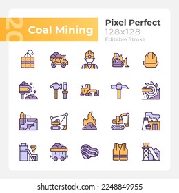 Coal mining pixel perfect RGB color icons set. Personal protective equipment. Heavy industry. Fossil fuel. Isolated vector illustrations. Simple filled line drawings collection. Editable stroke