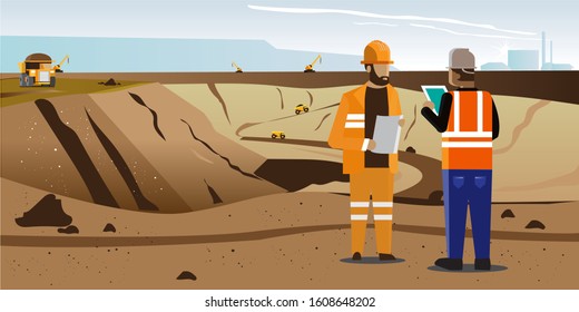 A coal mining place on a sunny morning with blue clouds. Two project officers are controlling the situation at the mine, with orange color vest and project helmets