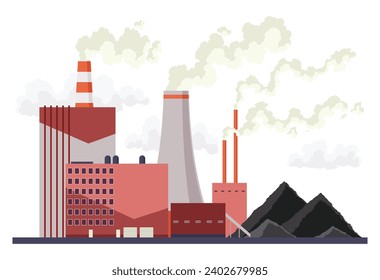 Coal mining plant. Building factory with pipes, smoke and pile of coal near them. Industrial coal fired power station, fossil fuel power station. Vector illustration