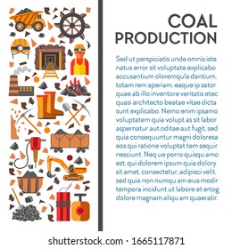 Cartaz de mineração de carvão, equipamentos da indústria de minas, máquinas e vetor de planta. Caminhão e carrinho, capacete com isqueiro, escavadora e subterrâneo, túnel. Dinamite e botas, mineiro e elétrico, fábrica de broca