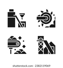 Coal mining process black glyph icons set on white space. Heavy industry. Processing plant. Bucket wheel excavator. Silhouette symbols. Solid pictogram pack. Vector isolated illustration