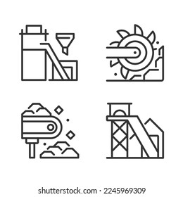 Ajuste de iconos lineales perfectos del proceso de extracción de carbón. Industria pesada. Planta de procesamiento. excavadora de rueda de cubo. Símbolos de línea delgada personalizables. Ilustraciones aisladas del contorno vectorial. Trazo editable