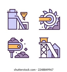 Coal mining process pixel perfect RGB color icons set. Heavy industry. Processing plant. Bucket wheel excavator. Isolated vector illustrations. Simple filled line drawings collection. Editable stroke