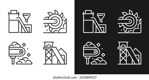 Iconos lineales perfectos del proceso de extracción de carbón para el modo oscuro y claro. Planta de procesamiento. excavadora de rueda de cubo. Símbolos delgados para la noche, tema del día. Ilustraciones aisladas. Trazo editable