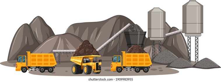 Coal mining scene with construction trucks illustration