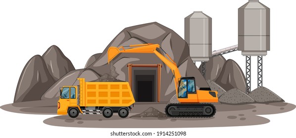 Coal mining scene with different types of construction trucks illustration