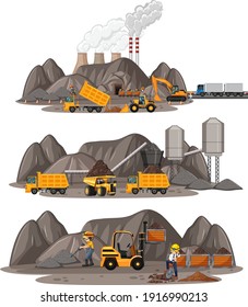 Coal mining scene with different types of construction trucks illustration