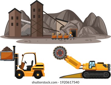 Coal mining scene with different types of construction trucks illustration