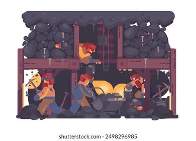 Kohlebergbau-Szene. Vektorgrafik von Bergarbeitern, die im Untergrund in Kohlebergwerken arbeiten und verschiedene Werkzeuge und Maschinen einsetzen