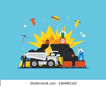 Coal mining with small/ tiny people illustration. Coal mine exploded. Coal mine, industry and technology. Suitable for hero image, poster, and educational purpose.