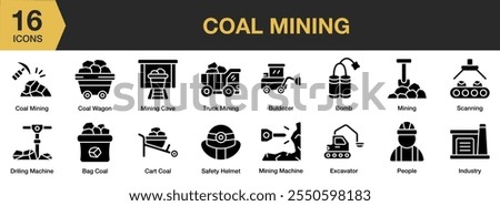 Coal Mining solid icon set. Includes coal, wagon, cave, truck, bulldozer, bomb, card, bag, drilling, and More. Solid icons vector collection.