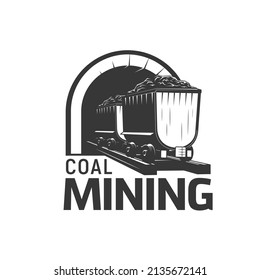 Coal mining trolley, mine factory and heavy industry vector icon. Mining wheelbarrow in quarry tunnel, emblem for coal or metal ore excavation and metallurgy exploitation