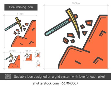 Coal mining vector line icon isolated on white background. Coal mining line icon for infographic, website or app. Scalable icon designed on a grid system.