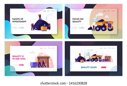 Coal Mining Website Landing Page Set. Miners Working on Quarry with Tools, Transport and Technique. Equipment, Transportation, Extraction Industry Web Page. Cartoon Flat Vector Illustration, Banner