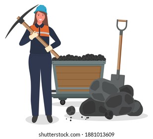 Coal Mining, Woman Miner With Pickaxe, Hard Work, Worker In Protective Helmet, Suit, Pieces Of Coal At Background, Trolley, Shovel, Not Female Work, Lady Working At Coal Mine, Smiling Cheerful Lady