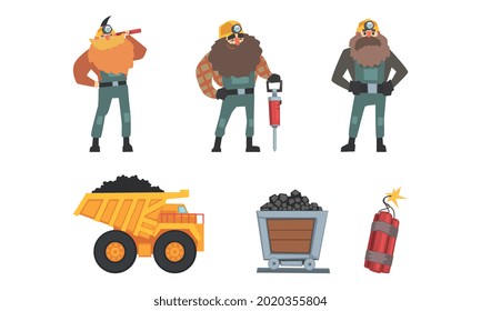 Coal and Ore Mining Industry with Bearded Man Miner and Rail Trolley Vector Set