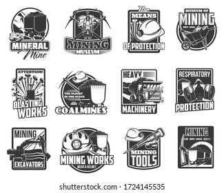 Coal and ore mining industry, miner tools and excavation machinery equipment vector icons. Coal mining excavators and mines, dynamite blasting works warning sign, miner hardhat and jackhammer