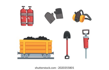 Industria de la minería del carbón y el mineral con juego de troletitas y vectores de palas