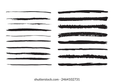 Coal pencils grunge strokes set. Brush Chalk line marker texture. Straight lines. Vector illustration