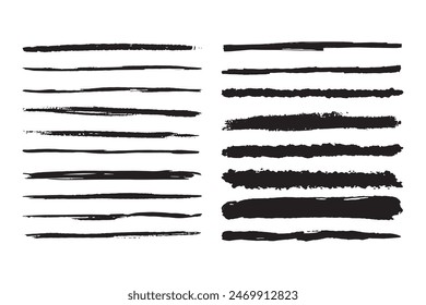 Coal pencils grunge strokes set. Brush Chalk line marker texture. Straight lines. Vector illustration