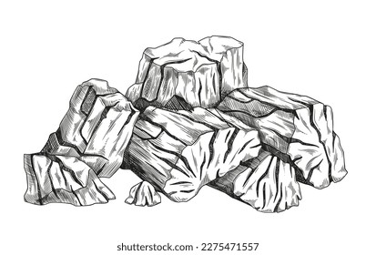 Coal pile line. Different sides of stones of various shapes. Natural and organic minerals. Minimalistic creativity and art. Firewood for fireplace or barbecue. Cartoon flat vector illustration