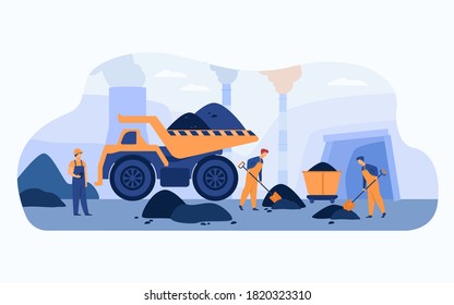 Coal pit workers in overalls digging heaps of coal with spades near carts, truck and smoking plant pipes. Vector illustration for extraction of minerals, mining, miners concept.