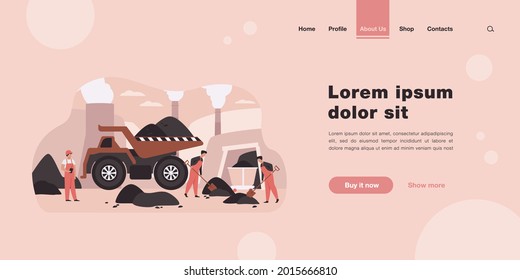 Coal pit workers in overalls digging heaps of coal with spades near carts, truck and smoking plant pipes. Vector illustration for extraction of minerals, mining, miners concept.