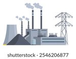 Coal power plant flat vector front view illustration, flat style, editable element