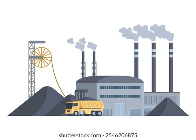 Coal power plant flat vector front view illustration, flat style, editable element