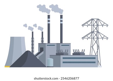 Coal power plant flat vector front view illustration, flat style, editable element