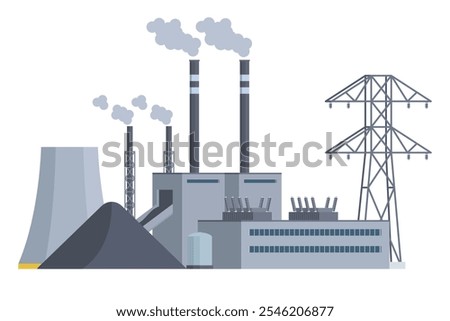 Coal power plant flat vector front view illustration, flat style, editable element