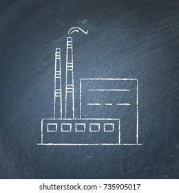 Coal power plant icon sketch on chalkboard. Non-renewable energy industrial concept. Fossil fuel energy symbol - chalk drawing on blackboard.